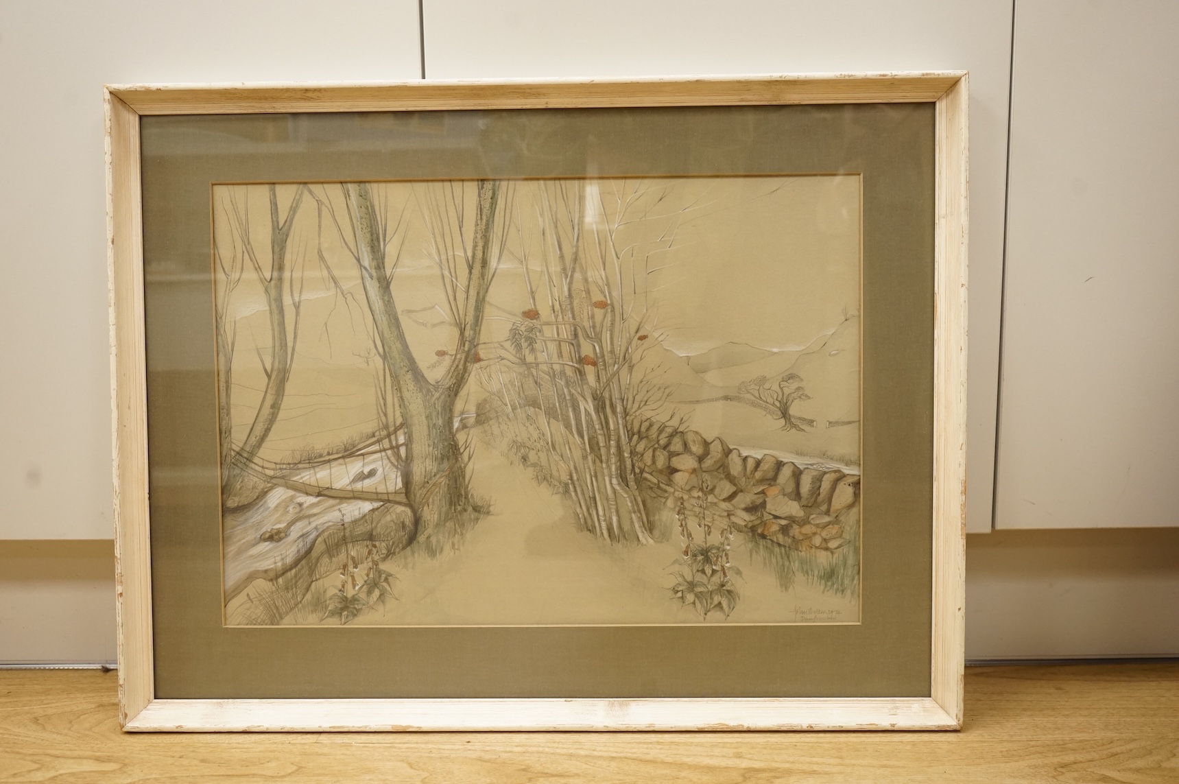 John Skelton (1923-2009), ‘Dumfriesshire’, pencil and wash, heightened with white, signed, inscribed and dated 1974, 38 x 55cm